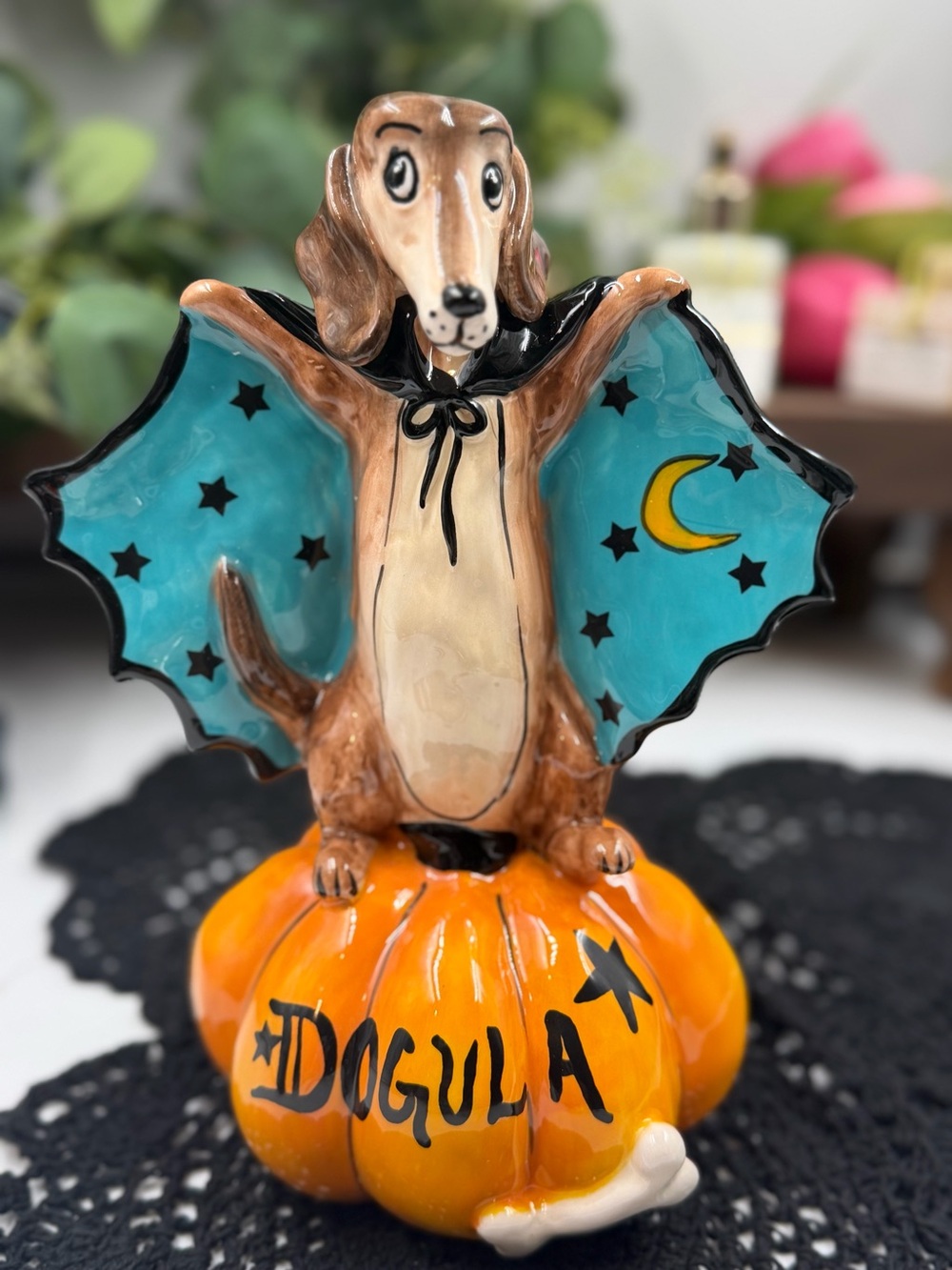 blue sky clayworks dogula dachshund vampire pumpkin halloween figurine
